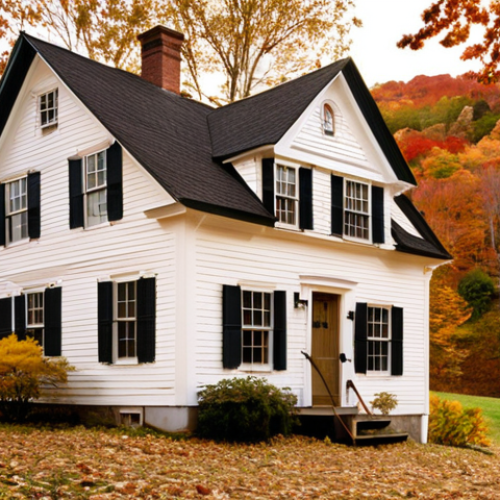 Home 11 **
"Exterior of a traditional New England clapboard house in autumn. Focus on the steeply pitched roof covered in fallen leaves. Warm, golden light. Rolling hills in the background. Capture the historical charm and cozy feel."
**