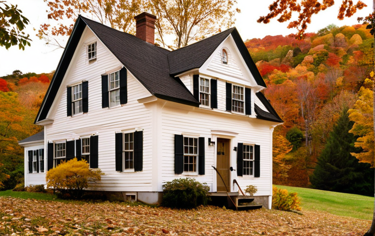 **
"Exterior of a traditional New England clapboard house in autumn. Focus on the steeply pitched roof covered in fallen leaves. Warm, golden light. Rolling hills in the background. Capture the historical charm and cozy feel."
**