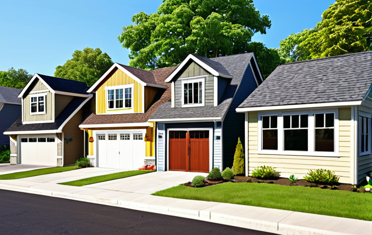 **
Prompt: Quaint suburban street, showcasing a variety of American home styles. Focus on the roofs: a classic gable roof on a farmhouse, a modern shed roof on a contemporary home addition, and a glimpse of asphalt shingles in various colors. Sunny day, green lawns, focus on showcasing architectural diversity.
**