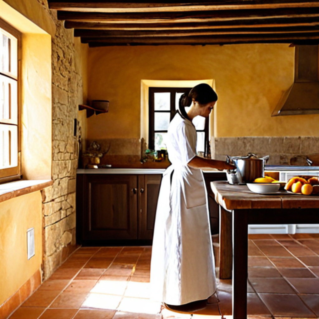 Tuscan Farmhouse Kitchen - Natural Light**
"A bright and airy Tuscan farmhouse kitchen, sunlight streaming through east-facing windows onto a rustic wooden breakfast table. Fully clothed woman in modest attire preparing breakfast. Stone walls, terracotta tile floor, perfect anatomy, natural proportions, safe for work, appropriate content, professional photography, high quality, family-friendly."
**