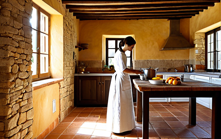 Tuscan Farmhouse Kitchen - Natural Light**

"A bright and airy Tuscan farmhouse kitchen, sunlight streaming through east-facing windows onto a rustic wooden breakfast table. Fully clothed woman in modest attire preparing breakfast. Stone walls, terracotta tile floor, perfect anatomy, natural proportions, safe for work, appropriate content, professional photography, high quality, family-friendly."

**