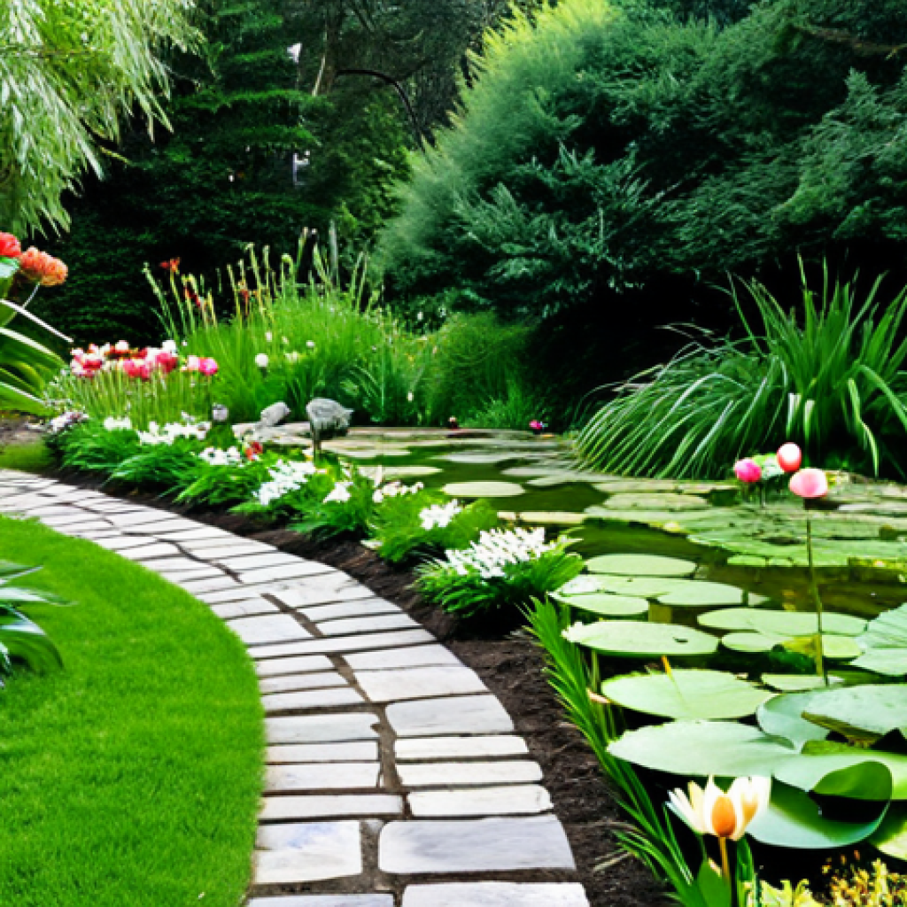 전통주택 조경 - **
A serene traditional garden featuring a stone pathway winding through lush greenery, safe for wo...