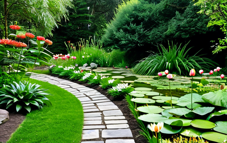 전통주택 조경 - **
A serene traditional garden featuring a stone pathway winding through lush greenery, safe for wo...