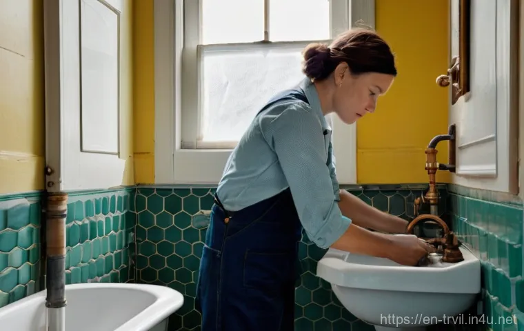 전통주택의 상하수도 설계 - **The Plumbing Detective in a Historic Home:** A detailed shot of a female homeowner, in her late 30...