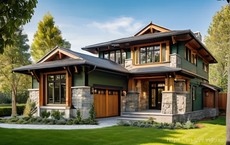 전통주택의 경량화 - **Prompt:** A grand and elegant Craftsman-style home exterior, meticulously detailed with traditiona...