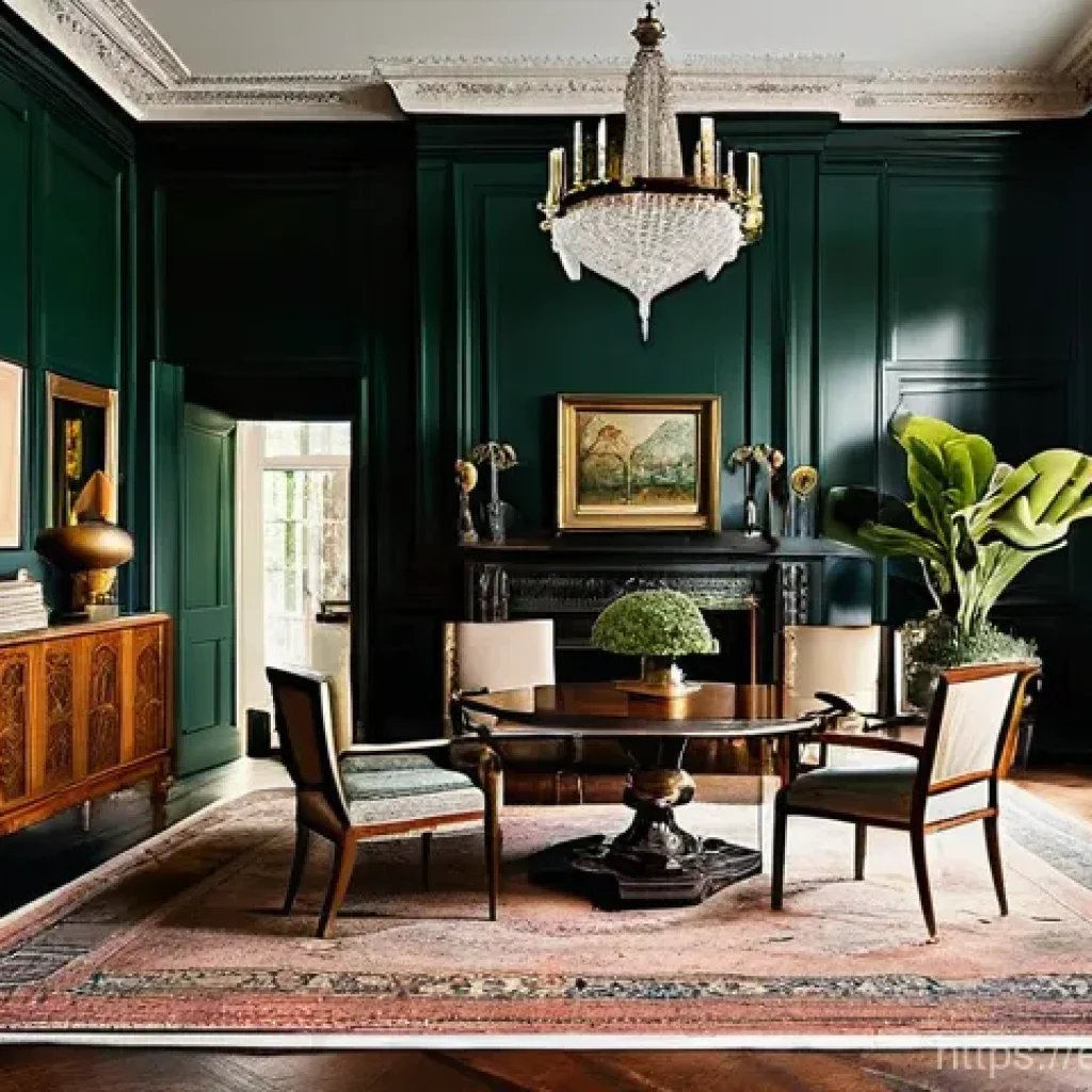 전통주택에서의 식물 활용 - **A grand, high-ceilinged drawing-room in a traditional historic home.** The room is bathed in soft,...