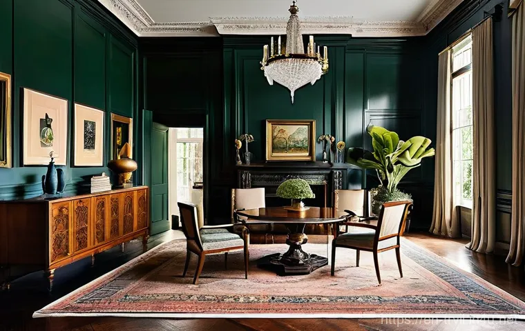 전통주택에서의 식물 활용 - **A grand, high-ceilinged drawing-room in a traditional historic home.** The room is bathed in soft,...