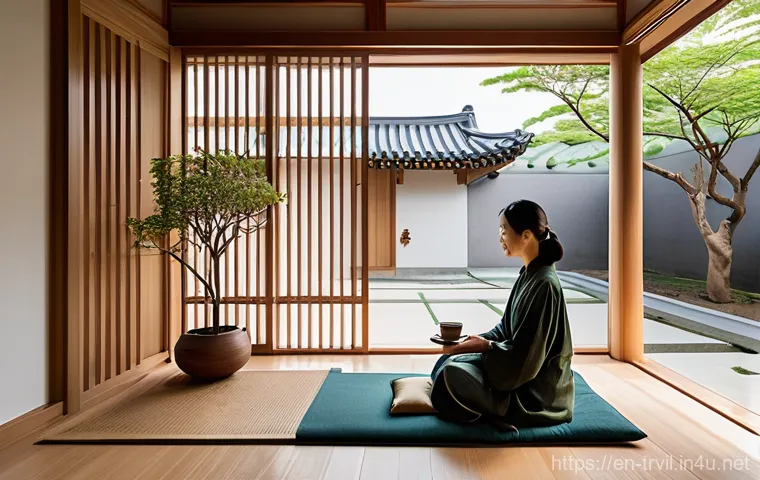 한옥 설계 시 유의사항 - **Prompt:** A serene and harmonious modern Hanok-inspired living space. The image focuses on a beaut...