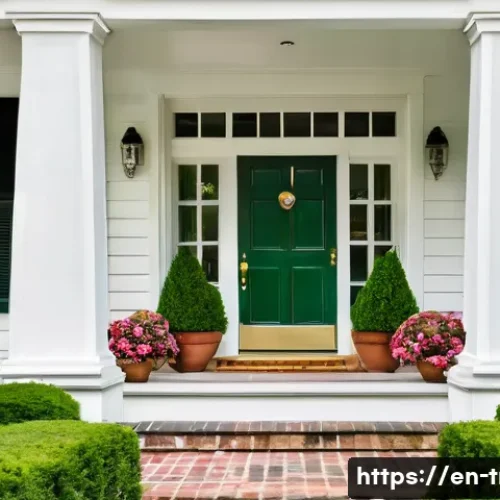 전통주택의 외벽 디자인 - **A picturesque American Colonial Revival home exterior** on a bright, clear summer morning. The hou...