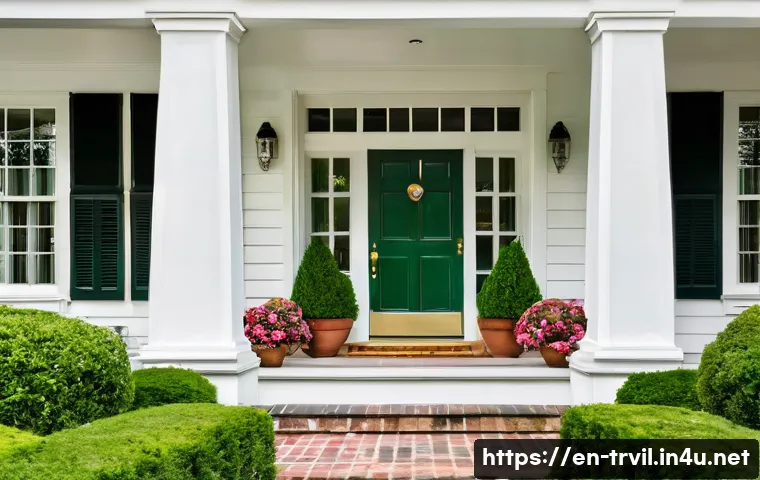 전통주택의 외벽 디자인 - **A picturesque American Colonial Revival home exterior** on a bright, clear summer morning. The hou...