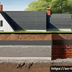 한옥의 기초공사 - A detailed cross-sectional illustration of a traditional home foundation on sloped terrain, showcasi...