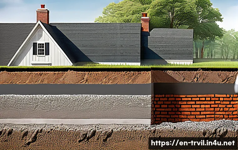한옥의 기초공사 - A detailed cross-sectional illustration of a traditional home foundation on sloped terrain, showcasi...