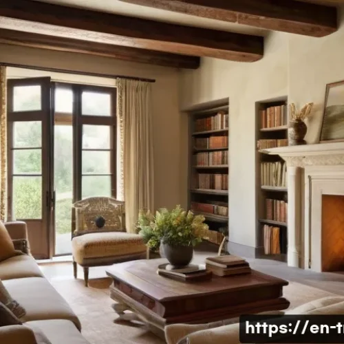전통주택의 벽과 천장 - A cozy traditional living room featuring exposed reclaimed wooden beams with visible natural grain, ...