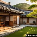 한옥 마당의 역할 - A serene traditional Korean hanok courtyard at golden hour, featuring natural wood beams and stone p...