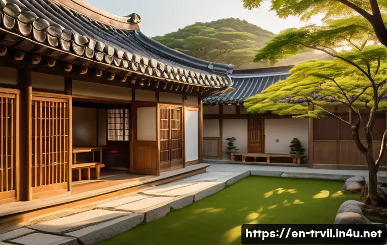 한옥 마당의 역할 - A serene traditional Korean hanok courtyard at golden hour, featuring natural wood beams and stone p...
