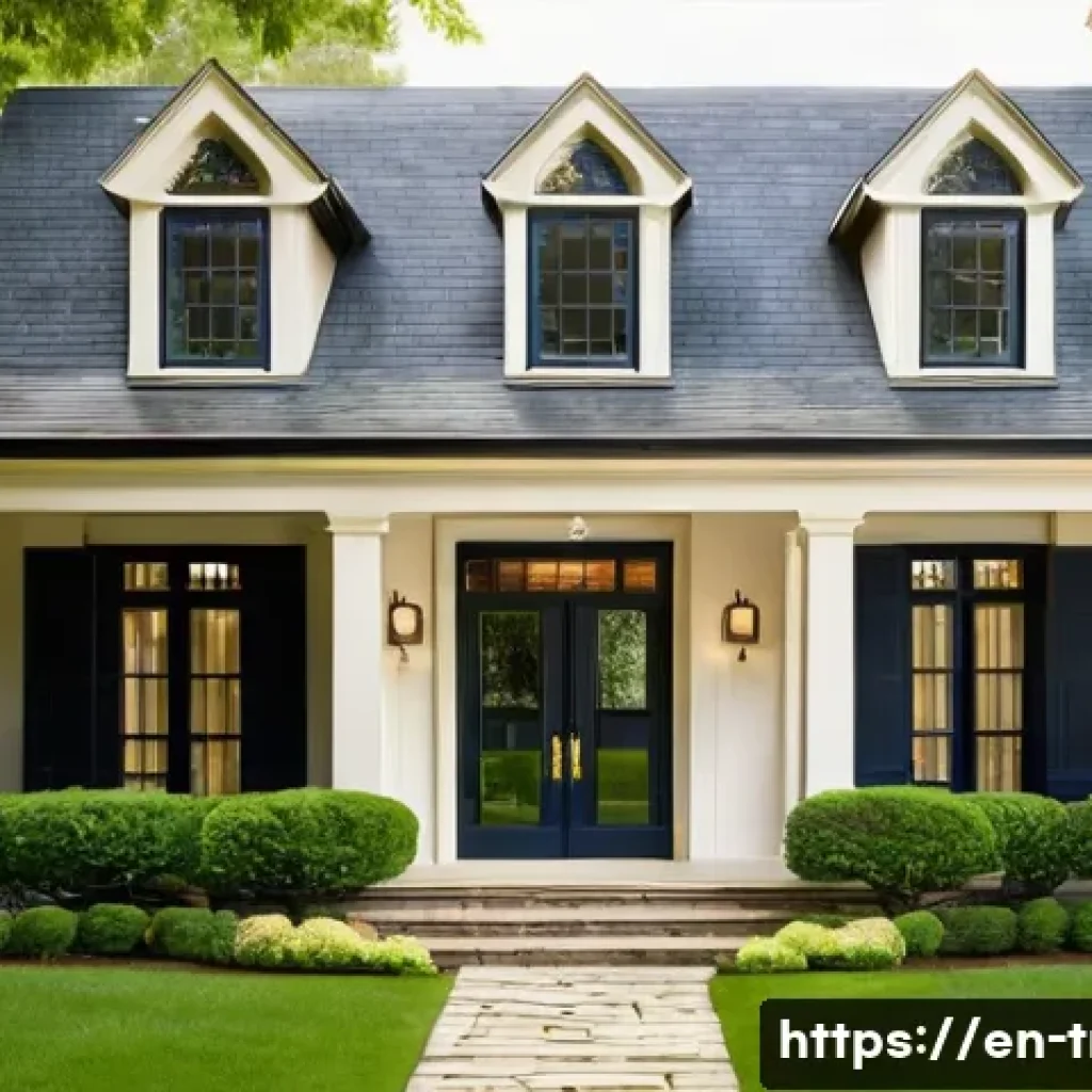 전통주택 외부 색상 - A charming traditional home exterior featuring a soft cream-colored body with deep navy blue shutter...