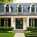 Home 20 전통주택 외부 색상 - A charming traditional home exterior featuring a soft cream-colored body with deep navy blue shutter...