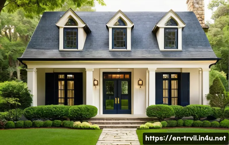 전통주택 외부 색상 - A charming traditional home exterior featuring a soft cream-colored body with deep navy blue shutter...