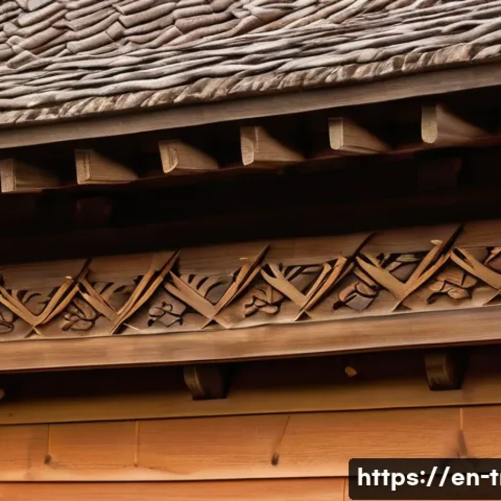 전통주택의 지붕과 홈 - A detailed close-up of a traditional wooden roof beam featuring hand-carved grooves, showcasing intr...