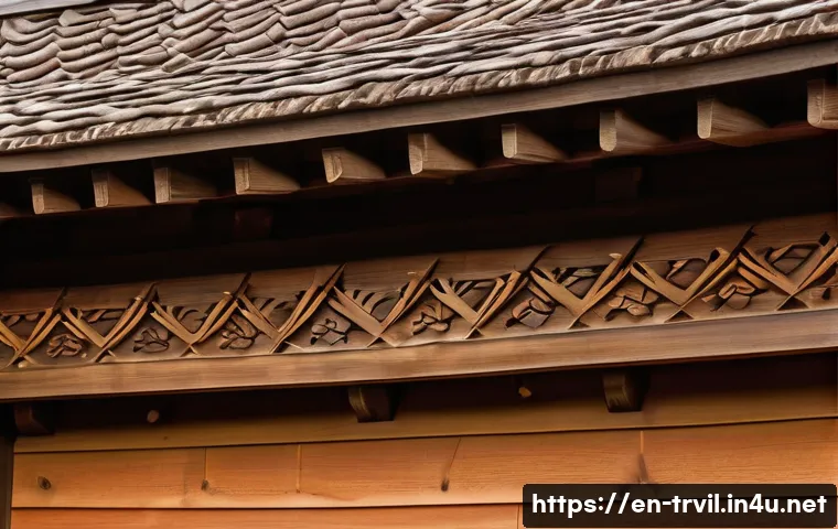 전통주택의 지붕과 홈 - A detailed close-up of a traditional wooden roof beam featuring hand-carved grooves, showcasing intr...