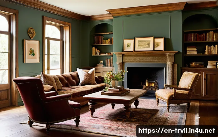 전통주택 실내 디자인 - A cozy traditional living room featuring exposed reclaimed hardwood beams and polished wooden floors...