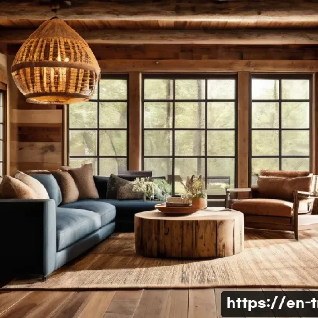 전통주택의 재사용 가능한 재료 - A cozy rustic cabin interior showcasing reclaimed wood flooring, exposed wooden beams, and handcraft...