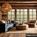 Home 23 전통주택의 재사용 가능한 재료 - A cozy rustic cabin interior showcasing reclaimed wood flooring, exposed wooden beams, and handcraft...