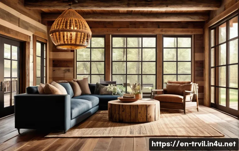 전통주택의 재사용 가능한 재료 - A cozy rustic cabin interior showcasing reclaimed wood flooring, exposed wooden beams, and handcraft...