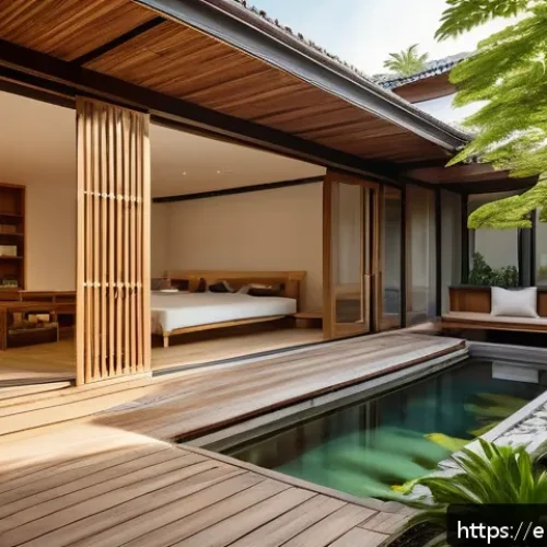 한옥 구조 - A serene traditional wooden home surrounded by lush greenery, featuring open sliding doors and large...