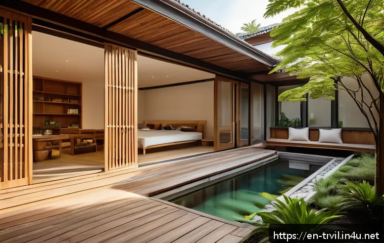 한옥 구조 - A serene traditional wooden home surrounded by lush greenery, featuring open sliding doors and large...