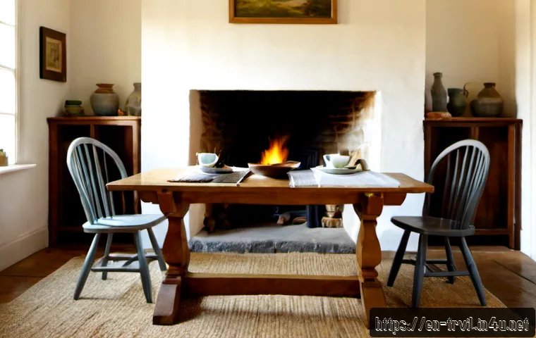 전통주택의 전통적인 가구 배치 - Photorealistic traditional English cottage living room, balanced period furniture arrangement with a...