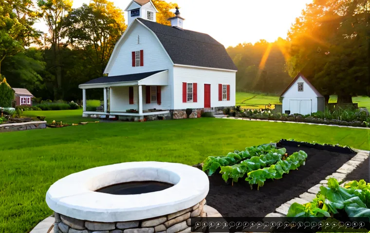 전통주택의 부대시설 - Photorealistic historic American farmhouse property at sunrise, showing a white wooden main house wi...