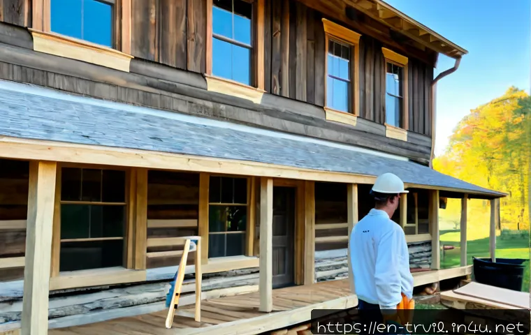 전통주택 보수 공사 비용 - Photorealistic wide exterior of a historic American farmhouse undergoing careful restoration, weathe...