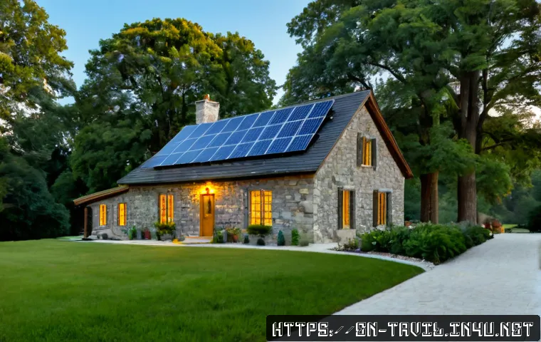 전통주택의 에너지 효율 - Photorealistic exterior of a well-maintained historic American farmhouse at sunrise, thick stone wal...