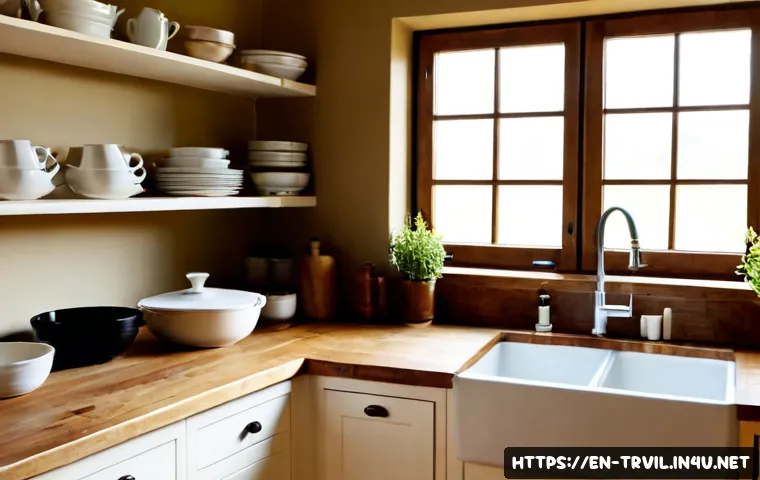 Home 17 전통주택의 실용성 - Photorealistic American farmhouse kitchen showcasing traditional home practicality, solid wood cabin...